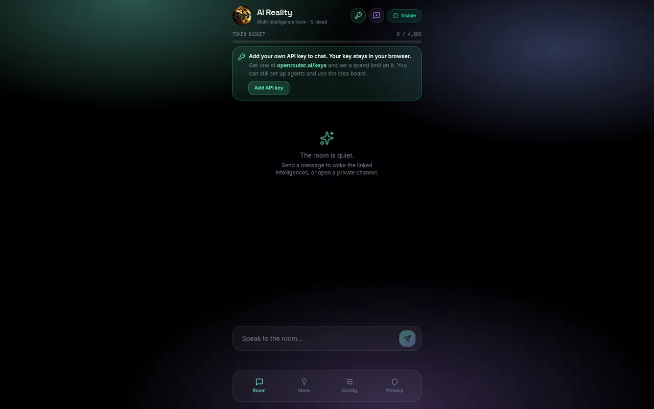 The AI Reality room, empty, with an Add API key prompt, a token budget meter and a message box.