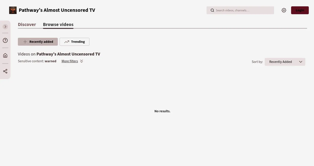 The Browse videos page of Almost Uncensored TV with Recently added and Trending buttons and a 'No results' message.
