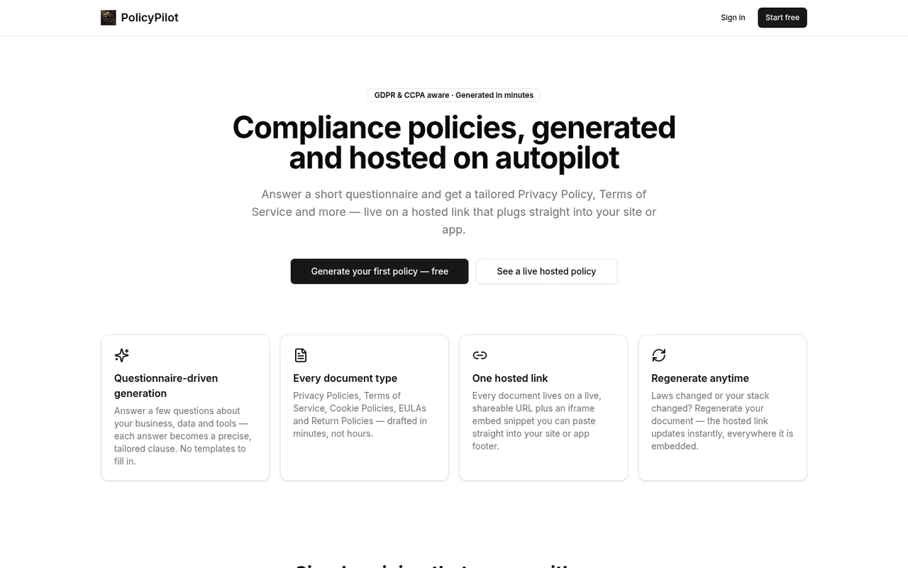 The PolicyPilot home page: headline 'Compliance policies, generated and hosted on autopilot' and four feature cards.