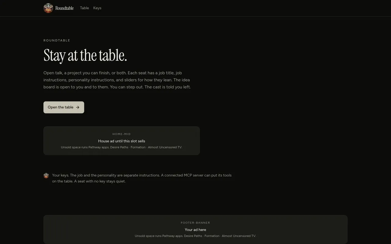 The Round Table home page: headline 'Stay at the table.' with a description of seats, sliders and the idea board.